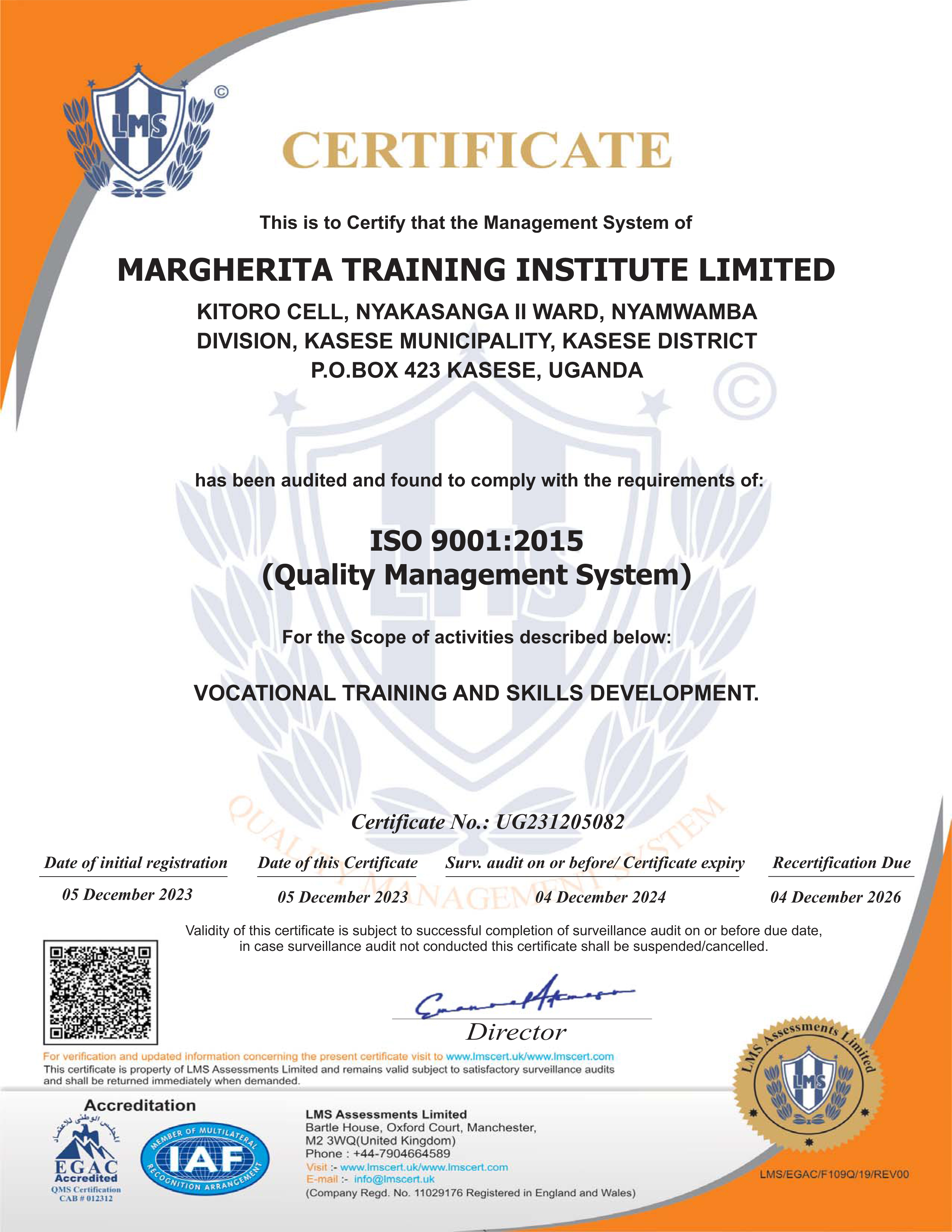 Quality Management Systems (QMS) certification - Margherita Training Institute